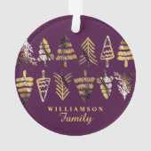 喜びの紫色、金ゴールド及び黒い松の木の家族写真 オーナメント (裏面)