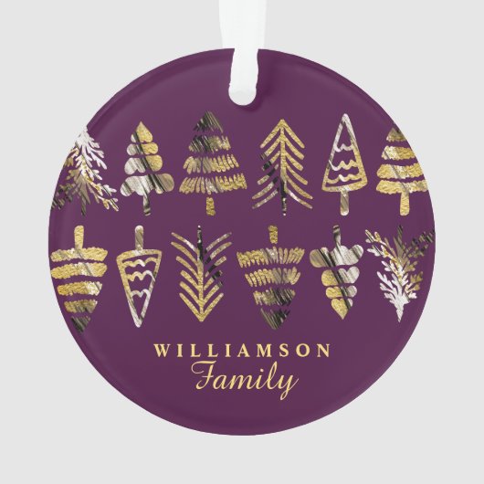 喜びの紫色、金ゴールド及び黒い松の木の家族写真 オーナメント (裏面)