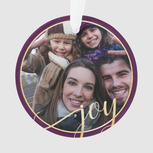 喜びの紫色、金ゴールド及び黒い松の木の家族写真 オーナメント (正面)