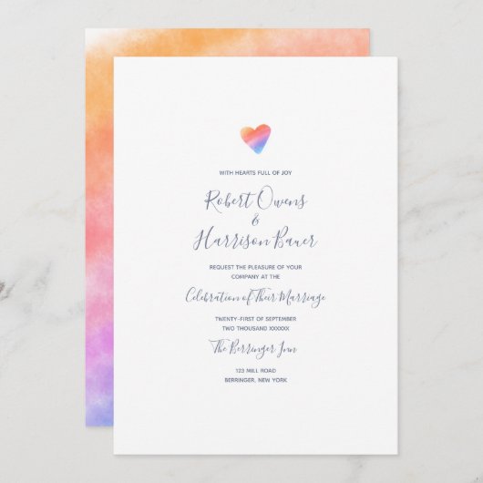 喜びの結婚式の十分の虹のハート 招待状 (正面/裏面)