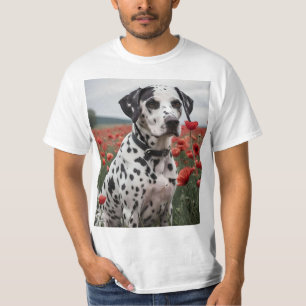 **「喜びの花畑:赤いポピー畑のダルメシアン」** Tシャツ