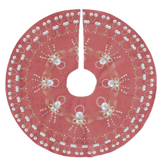 喜びの赤い円のカスタムの真珠のクリスマスの天使 ブラッシュドポリエステルツリースカート (正面)