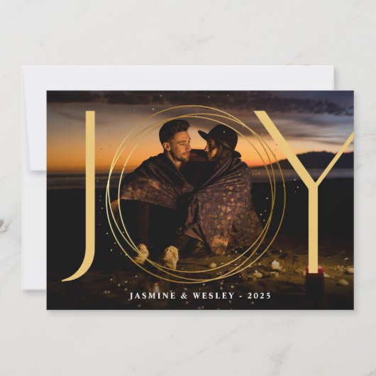 喜びの金ゴールドカップル写真クリスマス シーズンカード (正面)