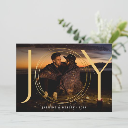 喜びの金ゴールドカップル写真クリスマス シーズンカード (スタンド正面)