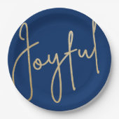 喜びの金ゴールドホイルフェイクブルークリスマス ペーパープレート (正面)