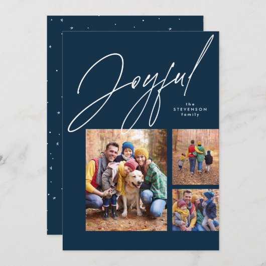 喜びの3枚の写真 ネイビーブルーのファミリークリスマス シーズンカード (正面/裏面)
