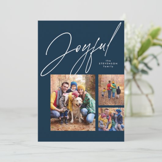 喜びの3枚の写真 ネイビーブルーのファミリークリスマス シーズンカード (スタンド正面)