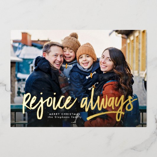 喜びはいつも宗教的な1つの写真クリスマス 箔シーズンカード (正面)