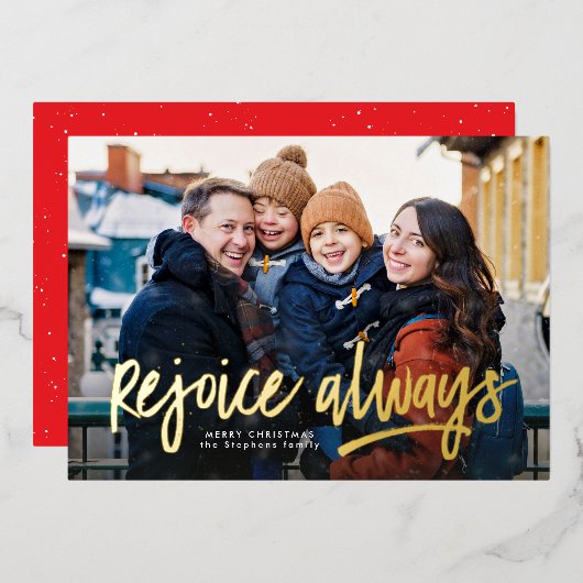 喜びはいつも宗教的な1つの写真クリスマス 箔シーズンカード (正面/裏面)