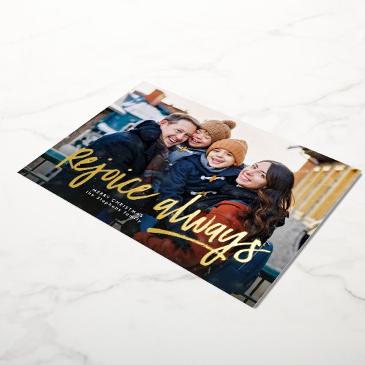 喜びはいつも宗教的な1つの写真クリスマス 箔シーズンカード (回転した状態)