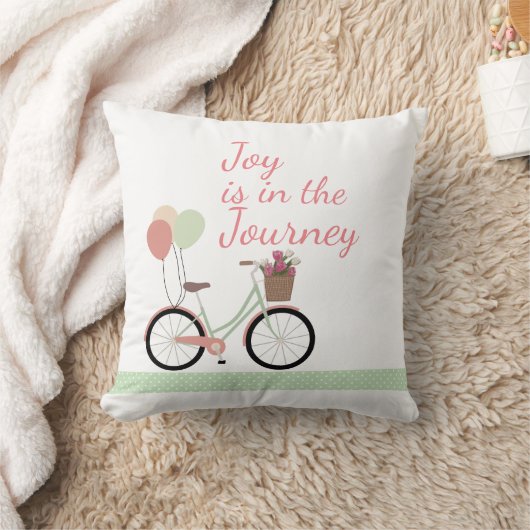 「喜びは旅の中にある」ピンクと緑の自転車 クッション (ブランケット)