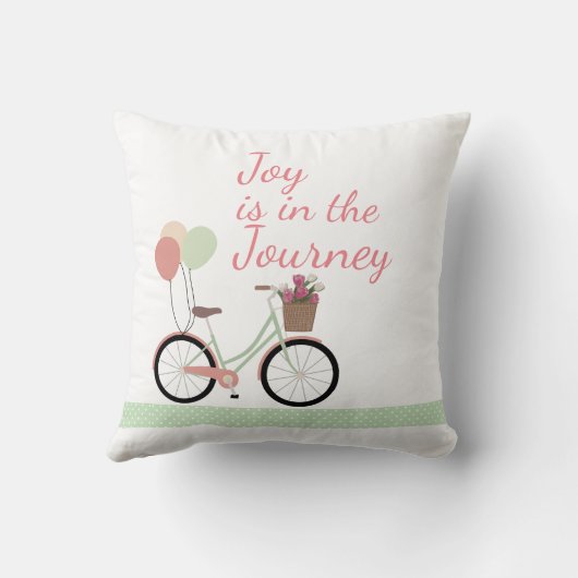 「喜びは旅の中にある」ピンクと緑の自転車 クッション (裏面)