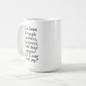 喜びは見つかるか? – ミニマルな感情引用文 コーヒーマグカップ (正面左)