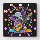 喜びよくはしゃぐでギターを鳴らす象 スクエア壁時計 (正面)