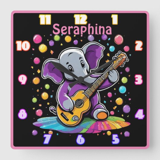 喜びよくはしゃぐでギターを鳴らす象 スクエア壁時計 (正面)