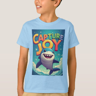 喜びを捉えて: 遊び心のあるキャラクターシャーク Tシャツ