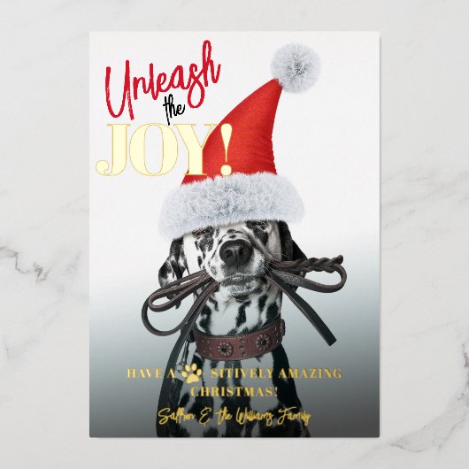 喜びを解き放つカスタムクリスマスドッグの写真 箔シーズンカード (正面)