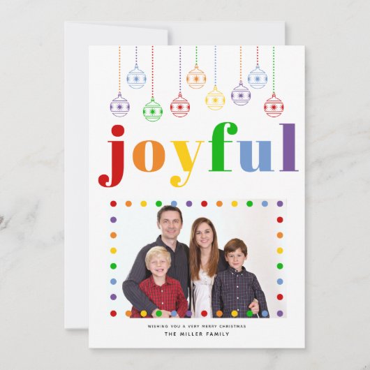 喜びカラフルのタイポグラフィ、クリスマスボール写真 シーズンカード (正面)