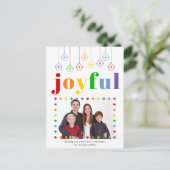 喜びカラフルのタイポグラフィ、クリスマスボール写真 ポストカード (スタンド正面)