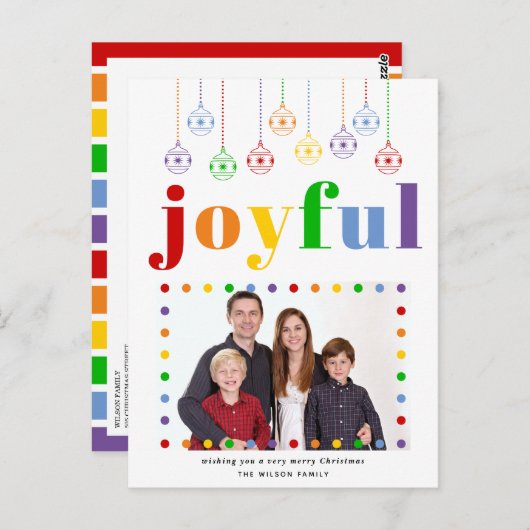 喜びカラフルのタイポグラフィ、クリスマスボール写真 ポストカード (正面/裏面)