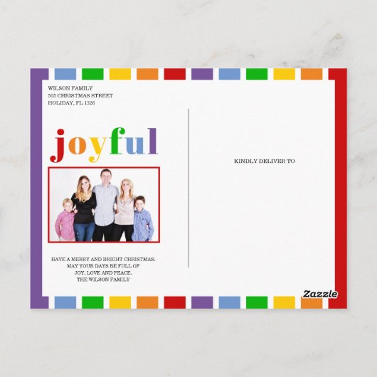 喜びカラフルのタイポグラフィ、クリスマスボール写真 ポストカード (裏面)