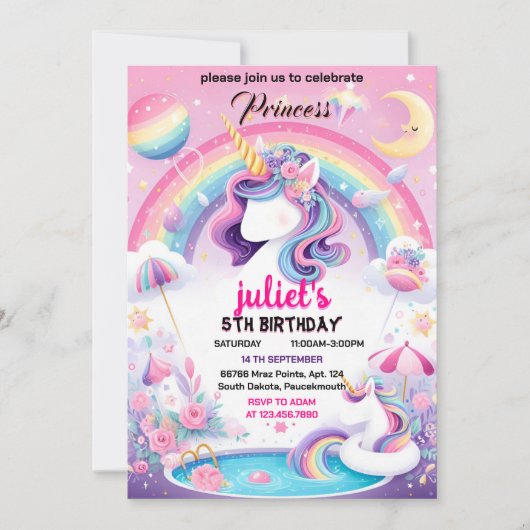 喜びガーリーかわいい紫のピンクのユニコーン1歳の誕生日 招待状 (正面)