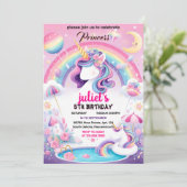 喜びガーリーかわいい紫のピンクのユニコーン1歳の誕生日 招待状 (スタンド正面)