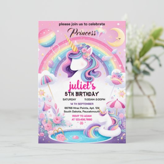 喜びガーリーかわいい紫のピンクのユニコーン1歳の誕生日 招待状 (スタンド正面)