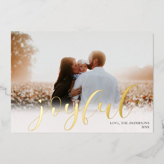 喜びクリスマスエレガントの白い金ゴールドフォイル写真 箔シーズンカード (正面)