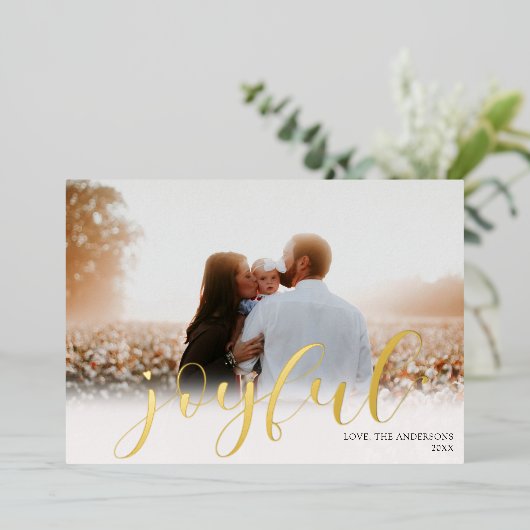 喜びクリスマスエレガントの白い金ゴールドフォイル写真 箔シーズンカード (立ち正面)