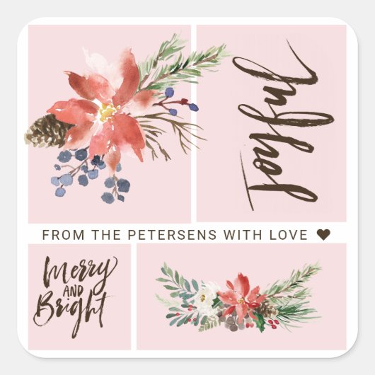 喜びメリーと明るい水の色フローラクリスマス スクエアシール (正面)
