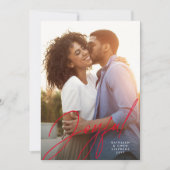 喜びモダンのスクリプト1枚の写真レッドクリスマス シーズンカード (正面)