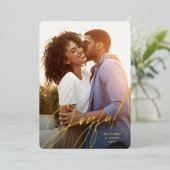 喜びモダンのスクリプト1枚の写真レッドクリスマス 箔シーズンカード (立ち正面)