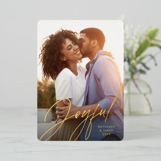 喜びモダンのスクリプト1枚の写真レッドクリスマス 箔シーズンカード (立ち正面)