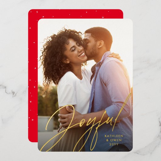 喜びモダンのスクリプト1枚の写真レッドクリスマス 箔シーズンカード (正面/裏面)