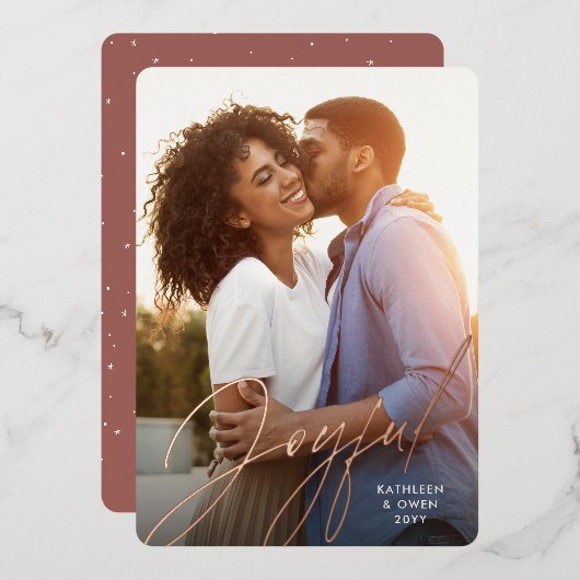 喜びモダンのバラ金ゴールドクリスマス写真 箔シーズンカード (正面/裏面)