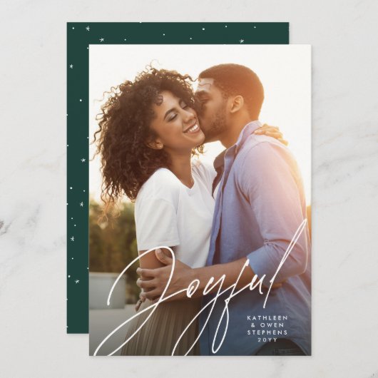 喜びモダンの脚本1枚の写真グリーンクリスマス シーズンカード (正面/裏面)