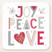 喜び平和の愛とクリスマスコースタータイポグラフィ スクエアペーパーコースター (正面)