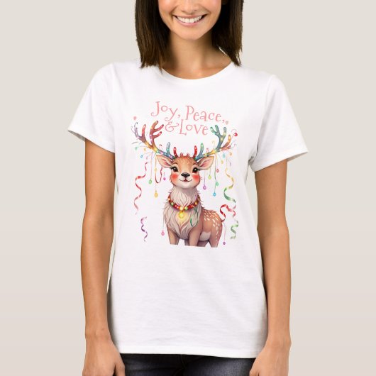 喜び平和ラブトナカイとクリスマスライト Tシャツ (正面)