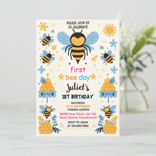 喜び春デイジーイエロー最初の1st蜂の日の誕生日 招待状 (スタンド正面)