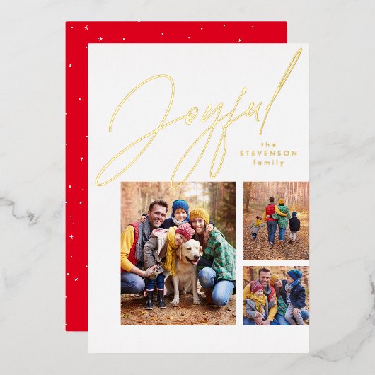 喜び3写真赤金ゴールド家族クリスマス 箔シーズンカード (正面/裏面)