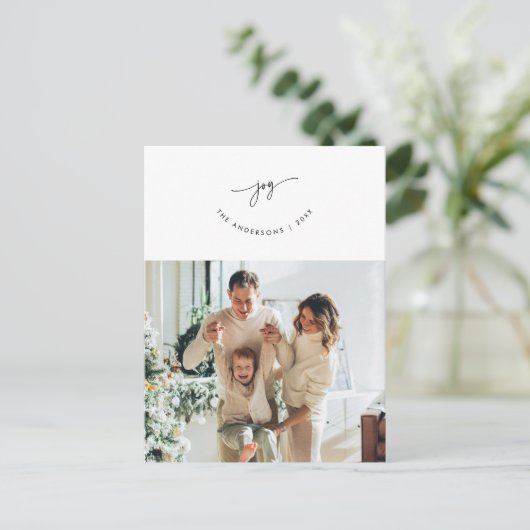 喜び、あいさつ、家族写真、かわいい笑顔のスクリプト ポストカード (スタンド正面)
