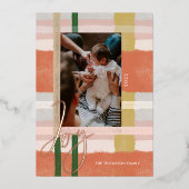 喜び |オレンモダンジとピンクの水の色の格子模様の写真 箔シーズンカード (正面)