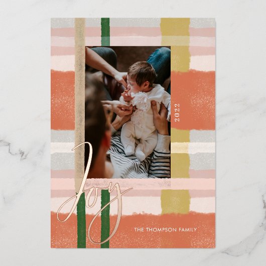 喜び |オレンモダンジとピンクの水の色の格子模様の写真 箔シーズンカード (正面)