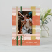 喜び |オレンモダンジとピンクの水の色の格子模様の写真 箔シーズンカード (立ち正面)