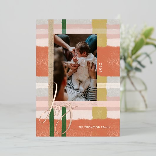 喜び |オレンモダンジとピンクの水の色の格子模様の写真 箔シーズンカード (立ち正面)