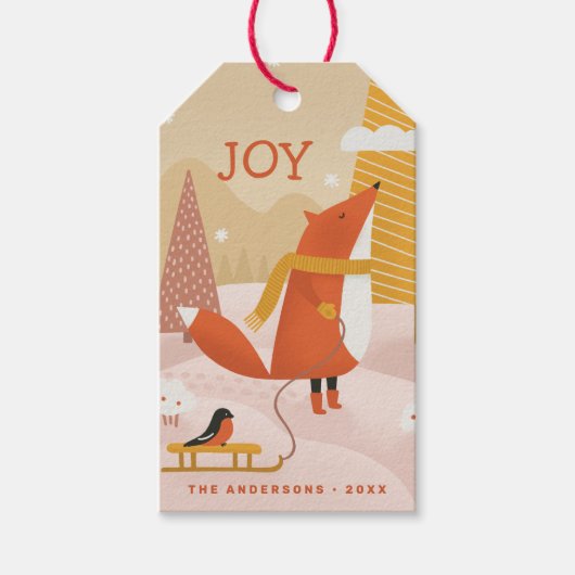 喜び。キュートなクリスマス冬の森のキツネ動物 ギフトタグ (正面)