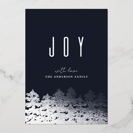 喜び。クリスマスシルバーツリー。ネイビーモダンパイン 箔シーズンカード (正面)