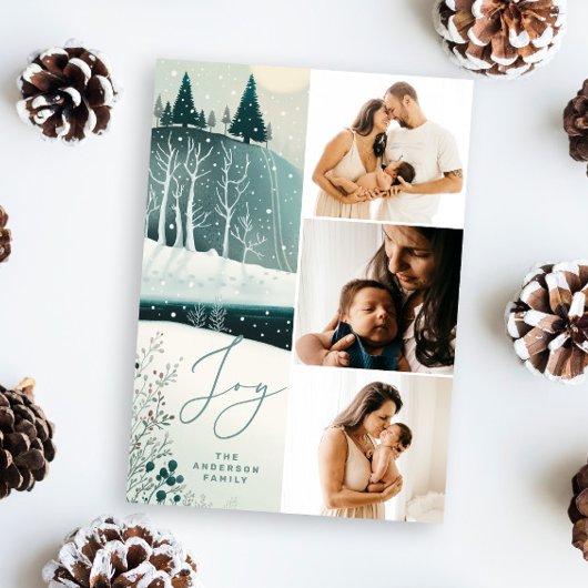 喜び。クリスマススノーウッドランドのコラージュ写真 シーズンカード
