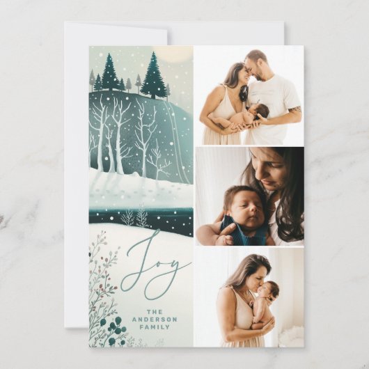 喜び。クリスマススノーウッドランドのコラージュ写真 シーズンカード (正面)